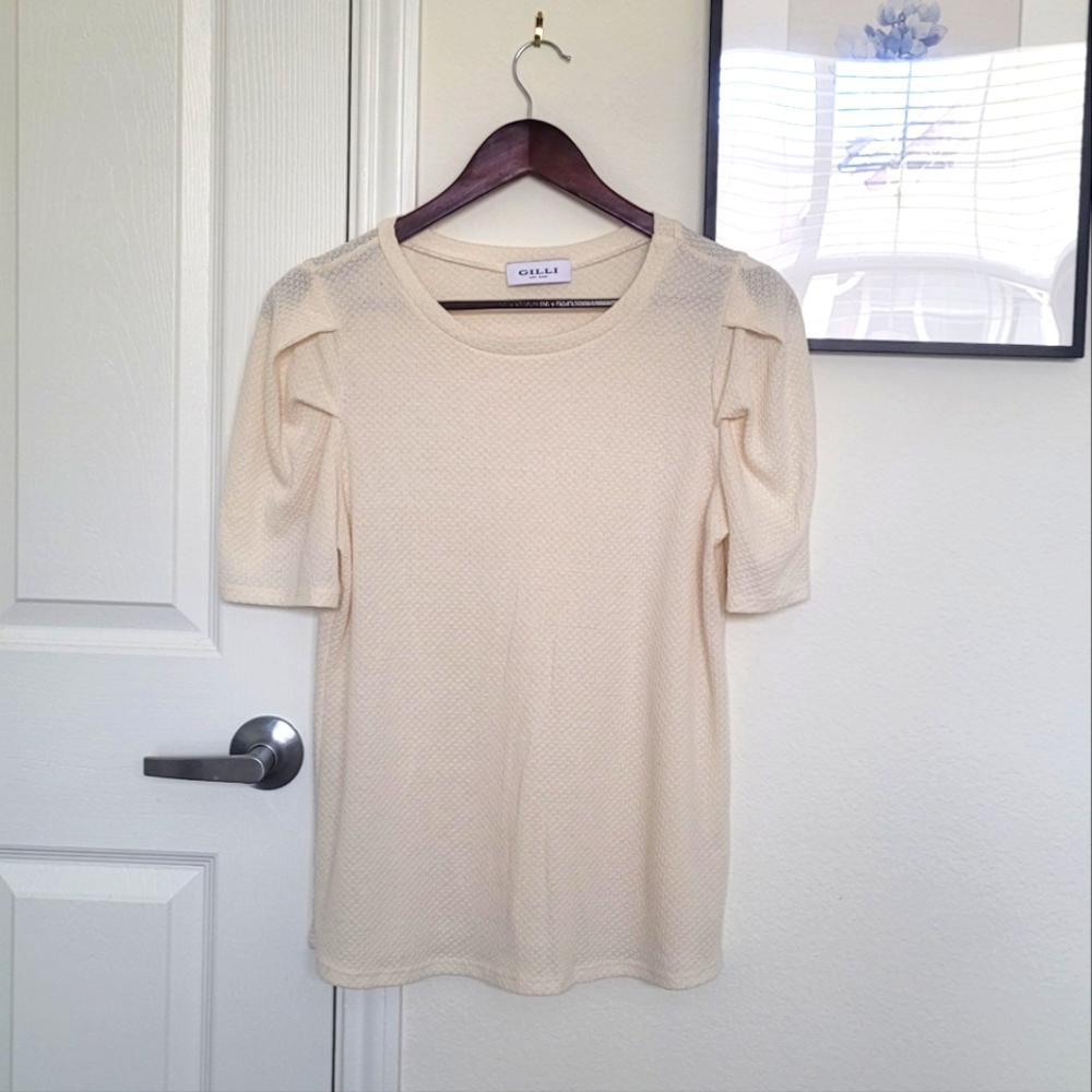 Sweater-knit puff-sleeve blouse (M)